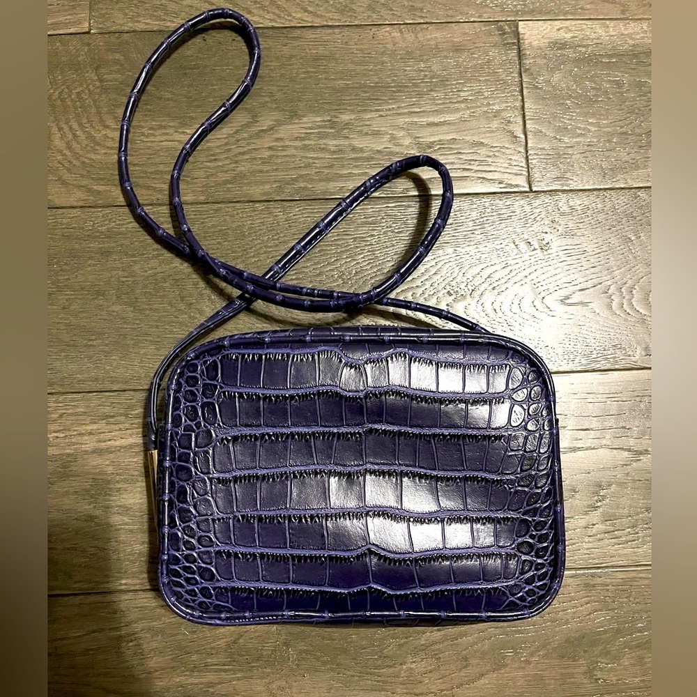 Zara Dark Navy Croc Embossed Crossbody Bag | Structured Mini Shoulder Purse - Picture 2 of 4